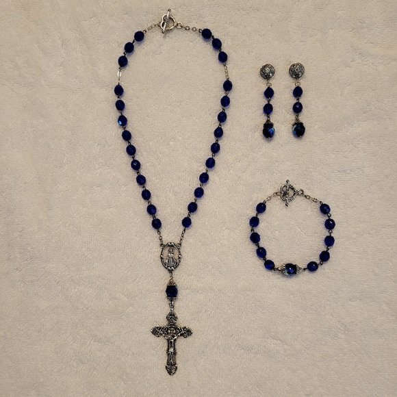 3-Piece Silver Tone Rosary Jewelry Set with Sapphire Blue Aurora Borealis Beads - Picture 2 of 5